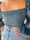 GEORGIA Blue Long Sleeve Front Tie Top