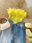 DAPHNE Sheer Mesh Feathered Top