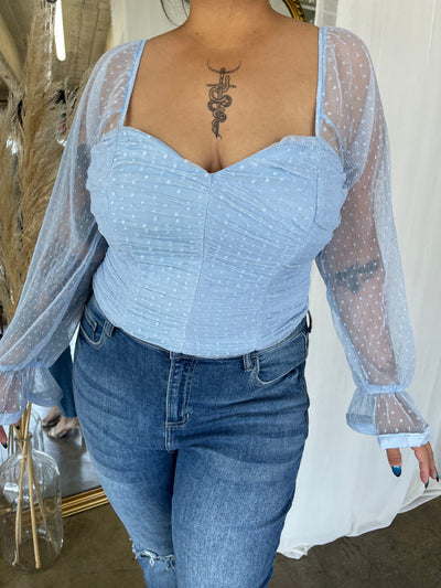 MARINA Baby Blue Ruffle Shirred Top