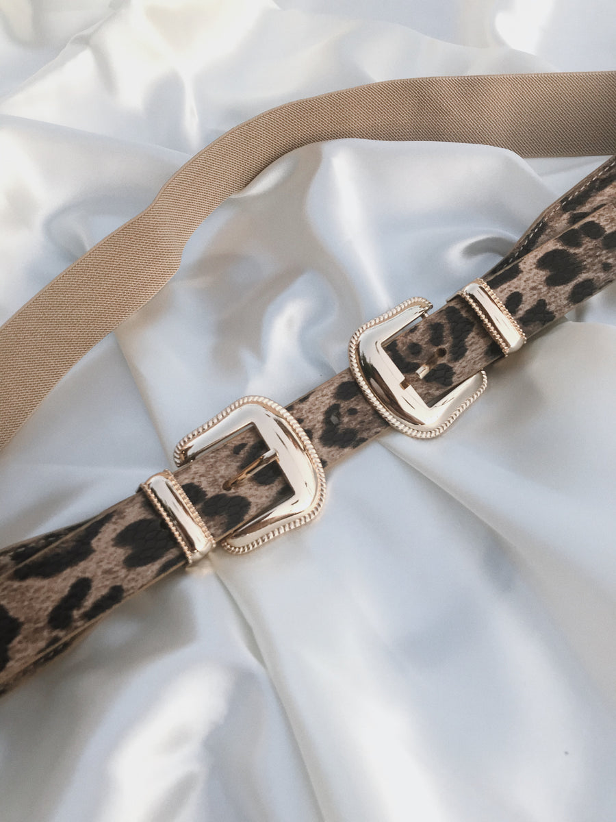 CELINE Tan Leopard Double Gold Buckle Belt