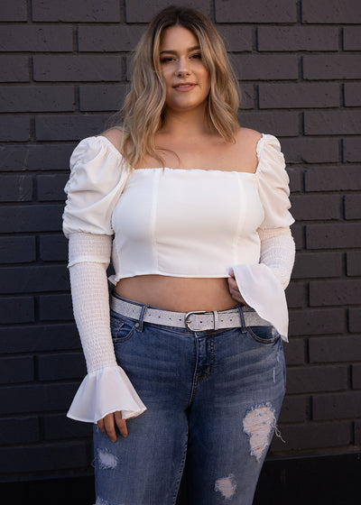 BELLA  White Crop Top with Ruched sleeves