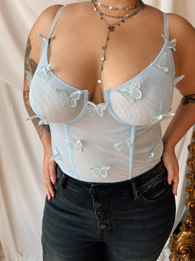 YOU GIVE ME BUTTERFLIES Baby Blue Sheer Corset Top