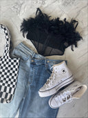 DAPHNE Sheer Mesh Feathered Top